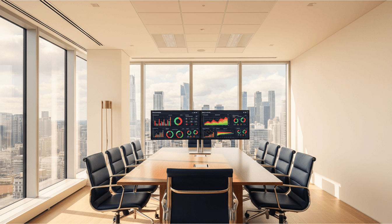 Sunlit modern open-plan office with navy leather conference chairs around a long walnut table, dual monitors showing dashboards, ivory walls, champagne-gold metal lamp, and floor-to-ceiling windows overlooking a city skyline, no people, photorealistic editorial interior