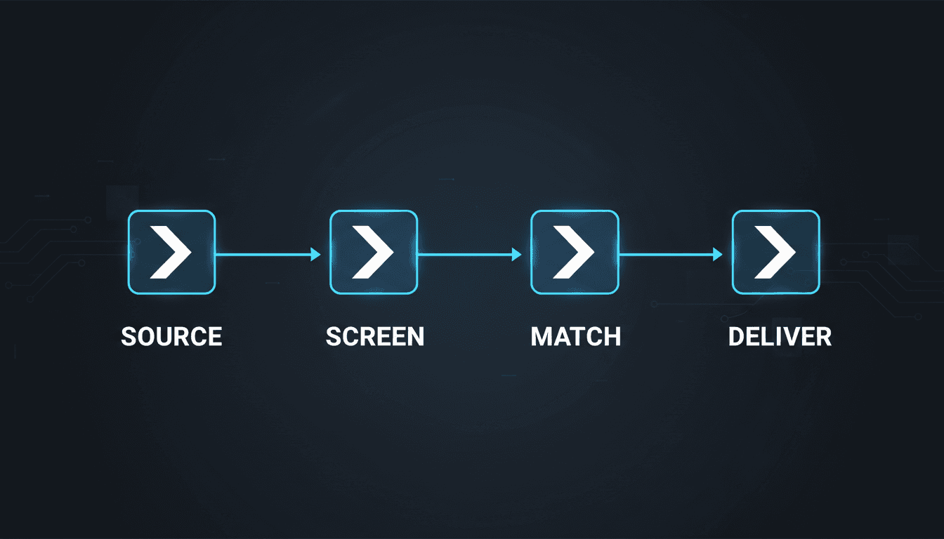 Scotty workflow diagram showing four-step process: source, screen, match, deliver with clean professional icons and connecting lines on a dark slate background