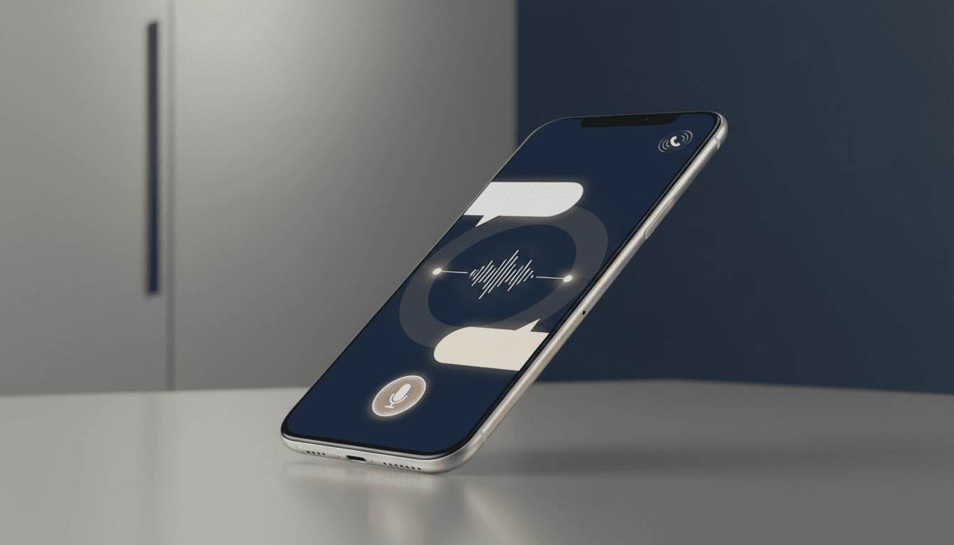 Modern smartphone displaying a conversational AI chat interface with natural language responses, professional business setting, clean white and navy design