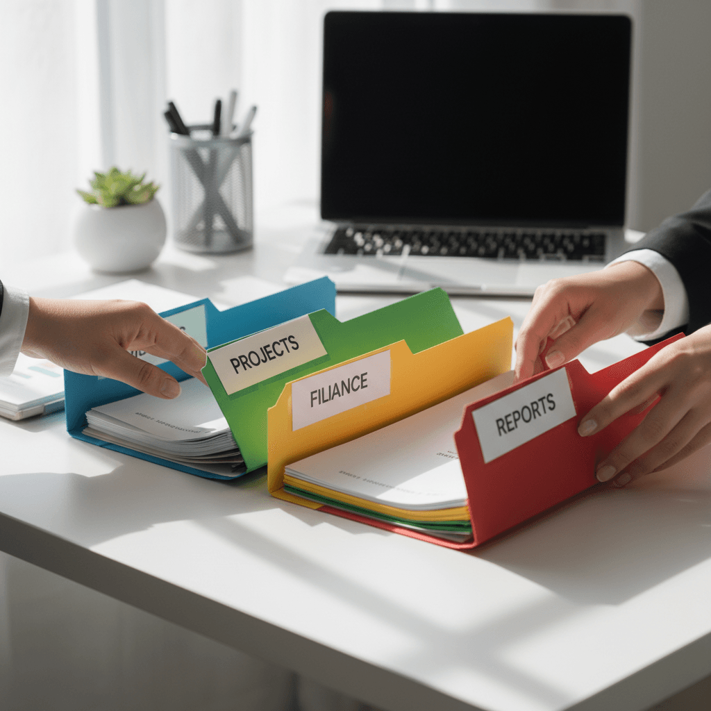 Professional administrative workspace with organized files, reporting documents, schedules, and coordination systems neatly arranged