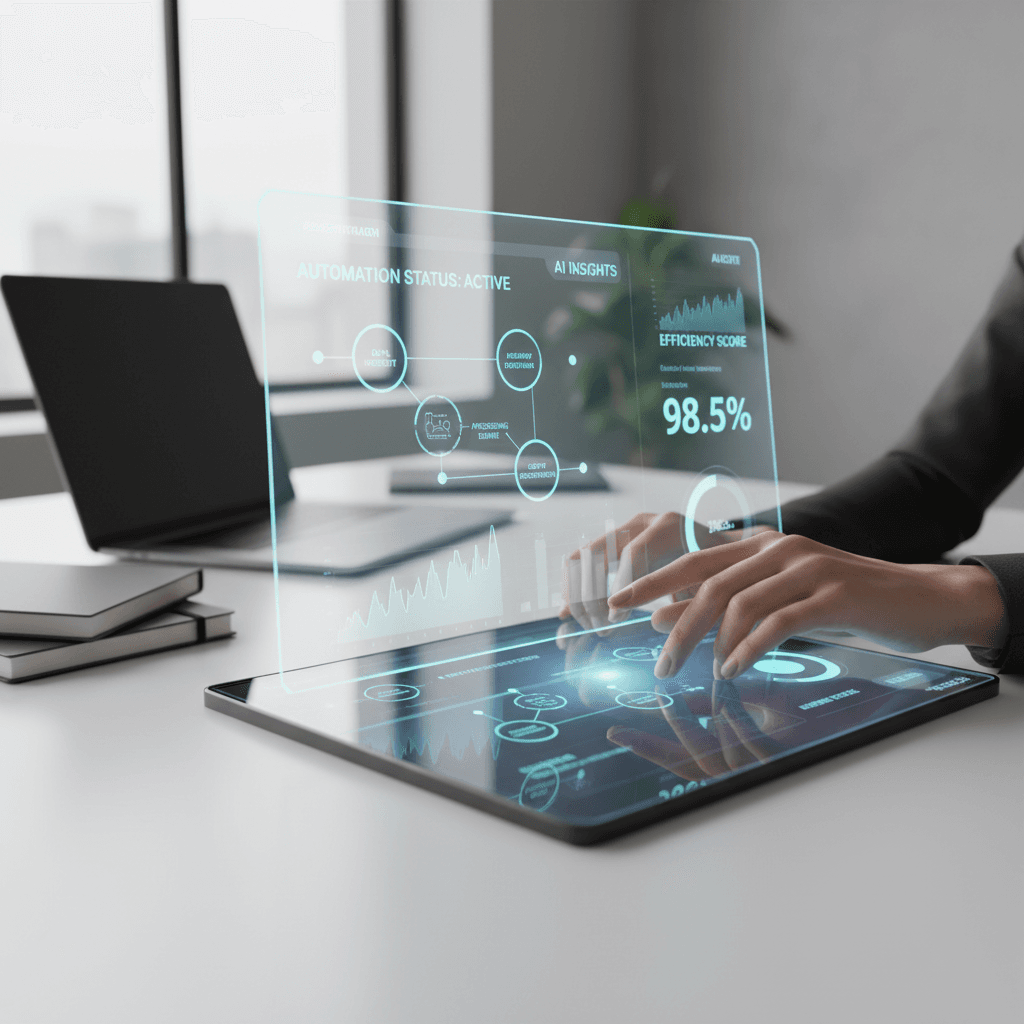 Technology dashboard and workflow automation interface showing data analytics, process automation tools, and AI-powered systems in action
