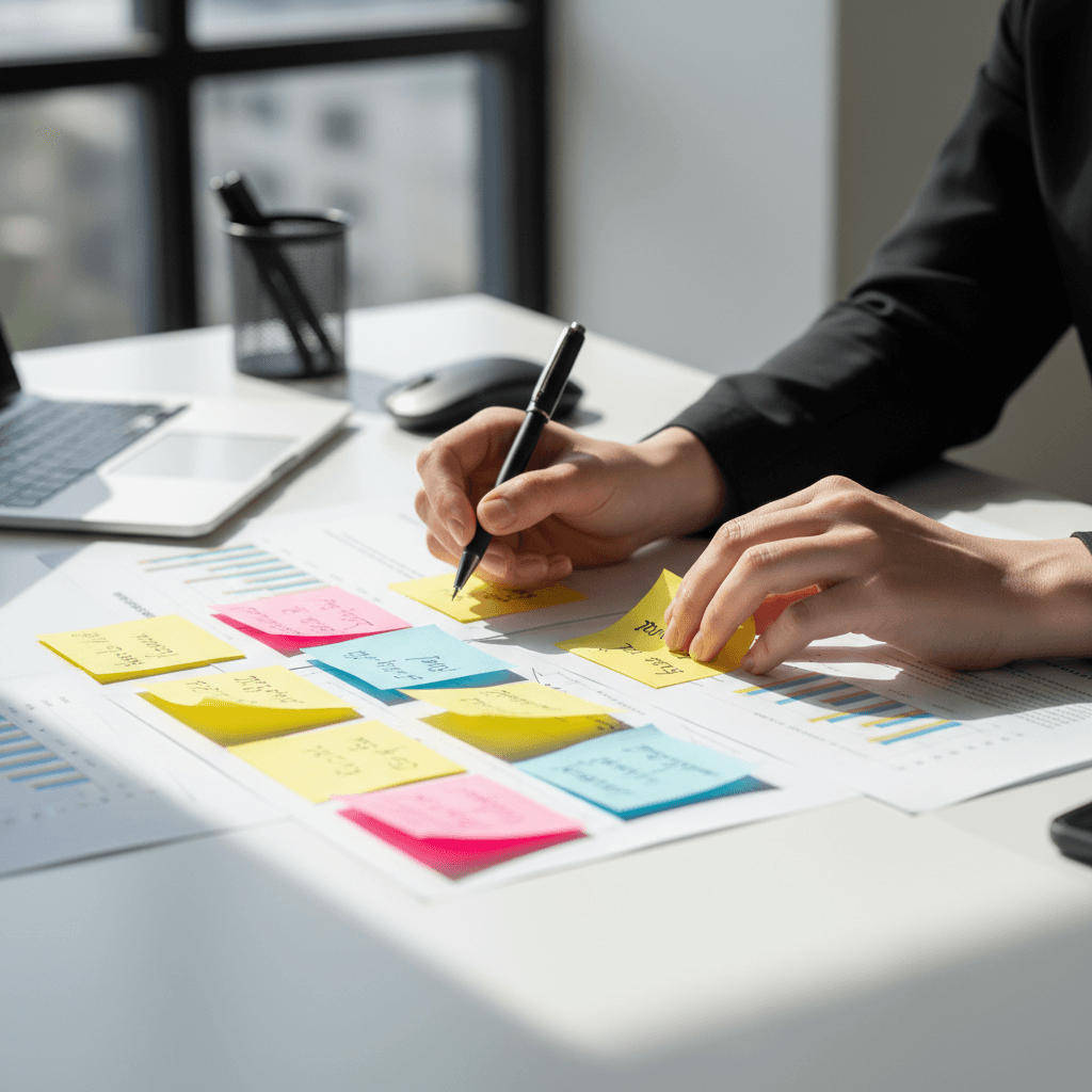 Modern office workspace with strategic planning documents, notebooks, and analysis charts spread across a clean desk with soft natural light