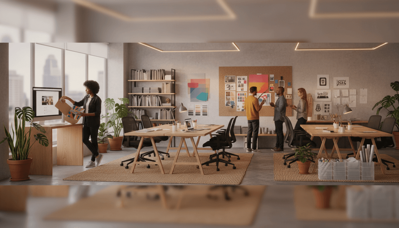 Creative design studio with brand guidelines, color palettes, and finished marketing materials displayed on a modern workspace