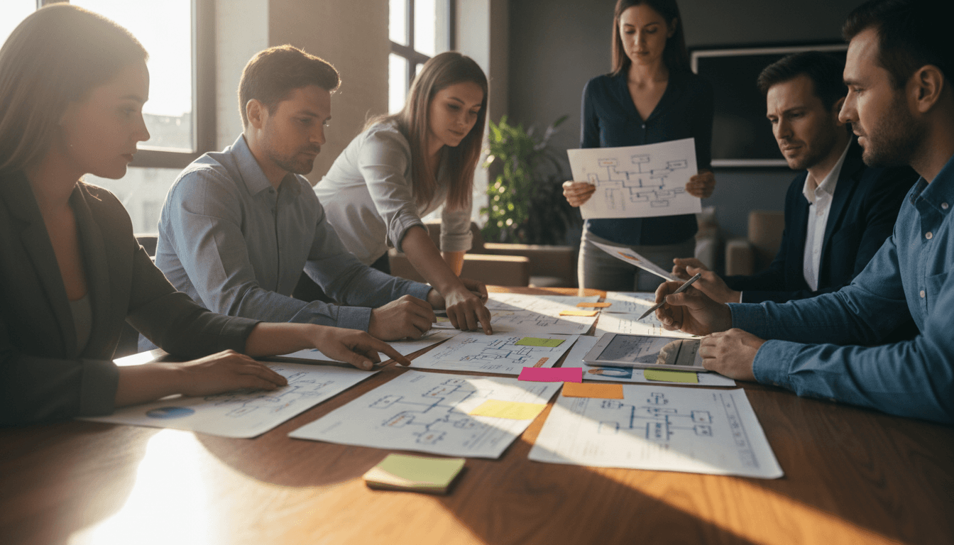 Process improvement workshop with workflow diagrams, efficiency metrics, and operational system designs laid out on a collaborative workspace