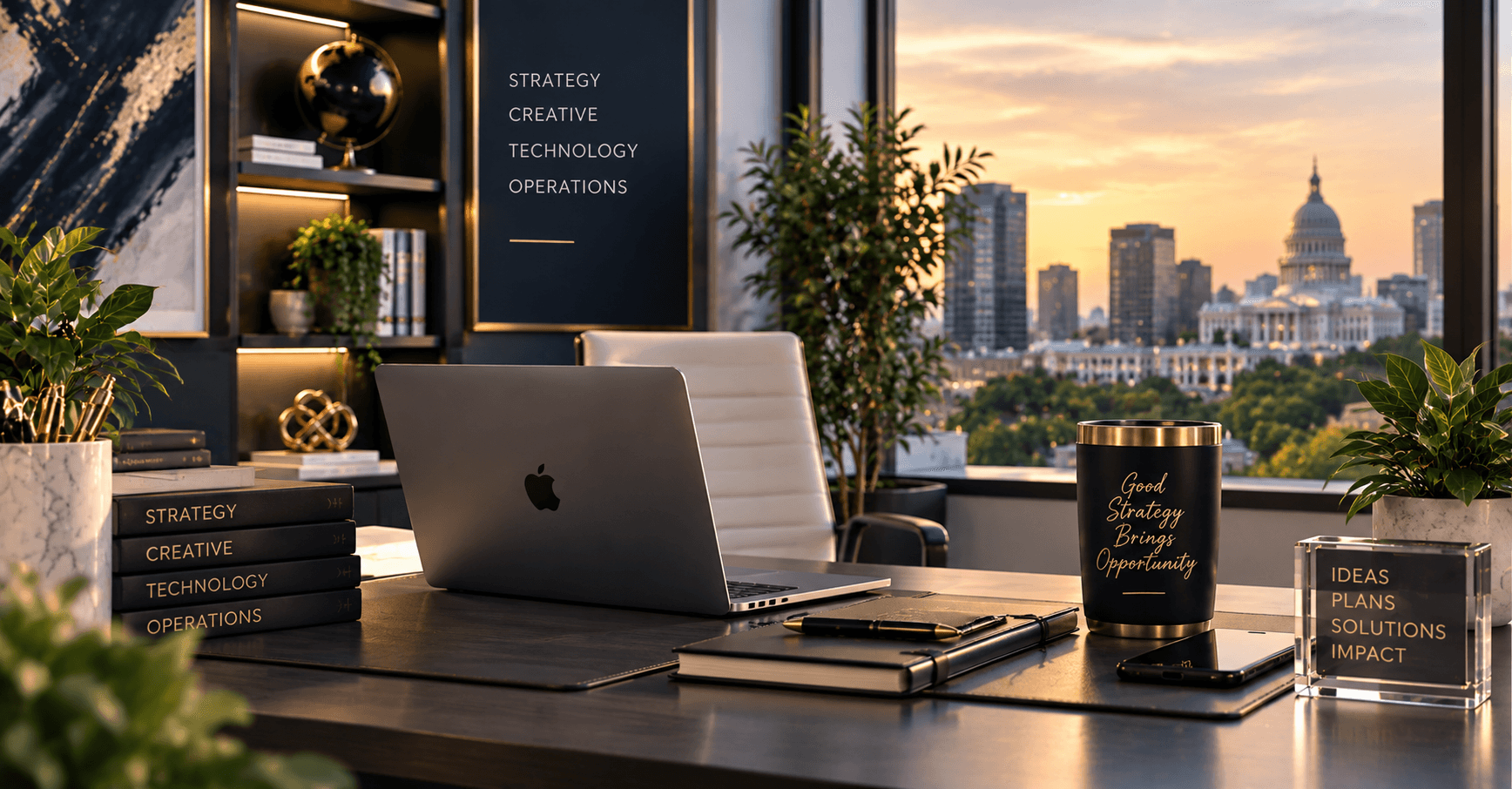 Professional office desk with laptop and books overlooking the US Capitol building at sunset.