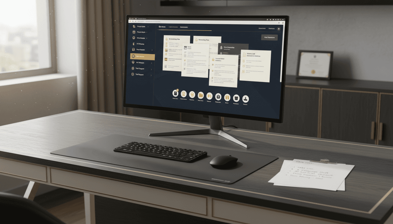 Photorealistic modern workspace with a correctly constructed monitor showing a clean document and research interface: organized document cards, outline panels, and folders in deep navy, ivory, charcoal, and champagne gold; printed notes beside the keyboard; no robots, no humanoid assistants, no glowing brains, subtle natural lighting, no crowded on-screen sentences.
