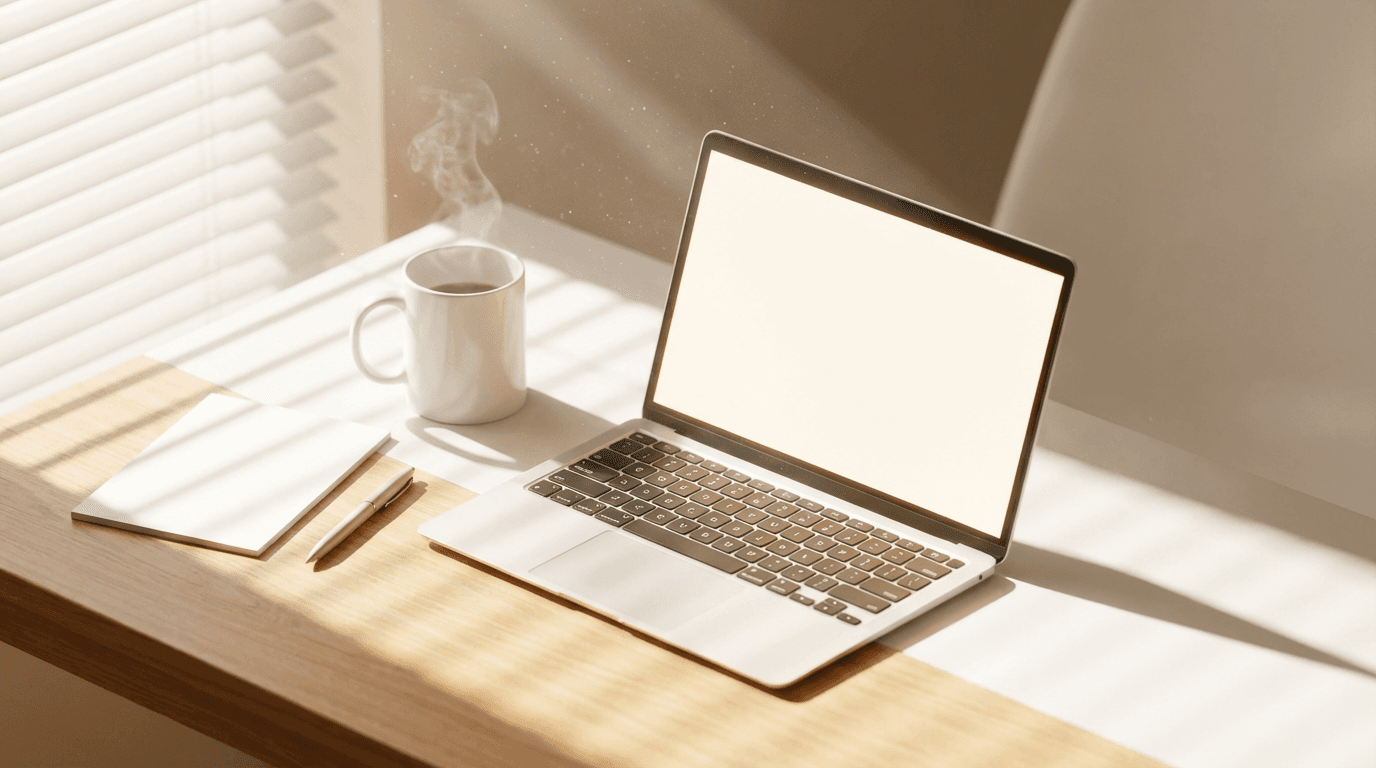 Photorealistic overhead of a sophisticated modern workspace in deep navy, ivory, champagne gold, and warm neutrals: a single slim laptop showing a clean abstract business dashboard with no readable text, a leather notebook with handwritten planning sketches, a tablet displaying muted color palettes, neatly stacked ivory documents, a champagne-gold pen, and a small fabric swatch—quiet editorial lighting, no people, no words, no robots or extra screens.