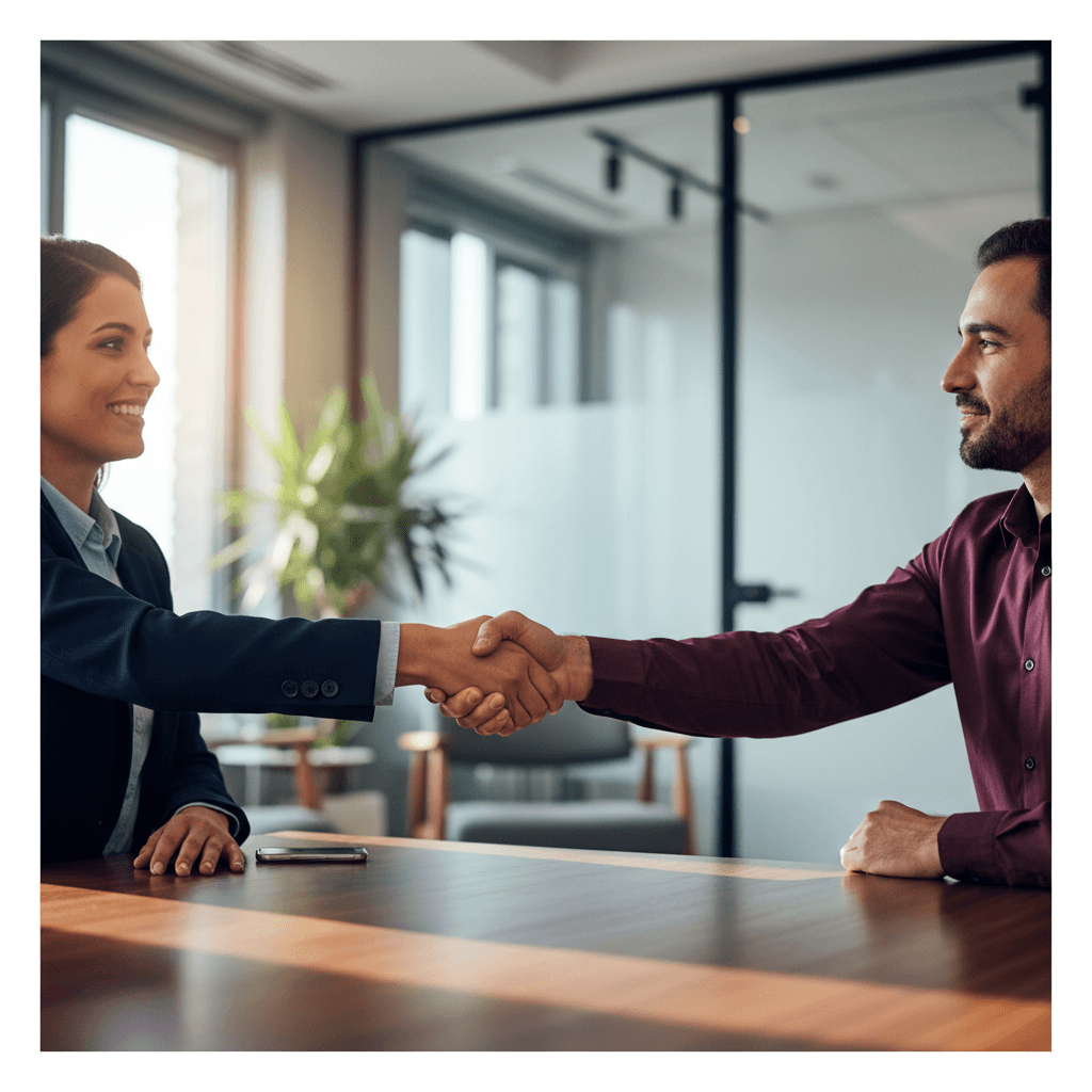 Photorealistic scene of two diverse professional women in polished business attire shaking hands in a modern sophisticated office, natural confident partnership without staged smiles, elegant interior with navy walls, ivory millwork, and warm gold brass lighting, no logos or text