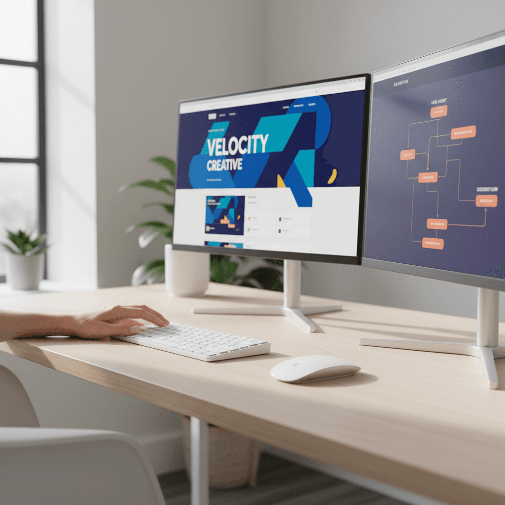 Photorealistic single correctly built ultrawide monitor on a charcoal professional workstation, one realistic keyboard and mouse, screen displaying a clean node-based workflow of connected process steps with simple icons showing information moving between stages; ivory and navy interface, champagne-gold accents, no extra screens or floating devices, no text paragraphs, premium office photography.