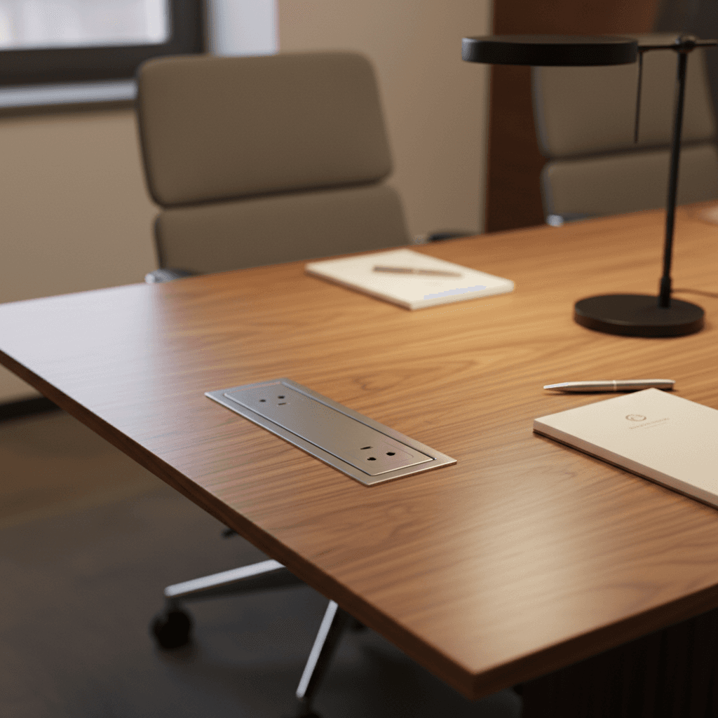 Photorealistic modern conference table in a deep navy and ivory executive suite, accurately built laptop with a complete screen showing abstract navy-and-gold chart shapes without readable words, printed planning documents with blank geometric layouts, charcoal leather notebook, champagne gold pen, and a neatly organized workspace; no people, no malformed objects, no text in the image, premium commercial photography.