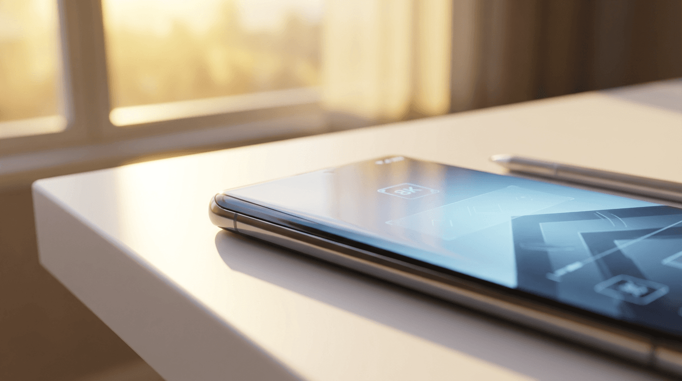 Photorealistic close-up of a slim charcoal smartphone on an ivory desk beside a champagne-gold pen, screen showing a clean navy-and-ivory chat UI with two short empty rounded bubbles, a professional voice waveform, and a small microphone icon; no readable sentences; soft studio lighting, deep navy shadows, premium product photography, no robots or neon.