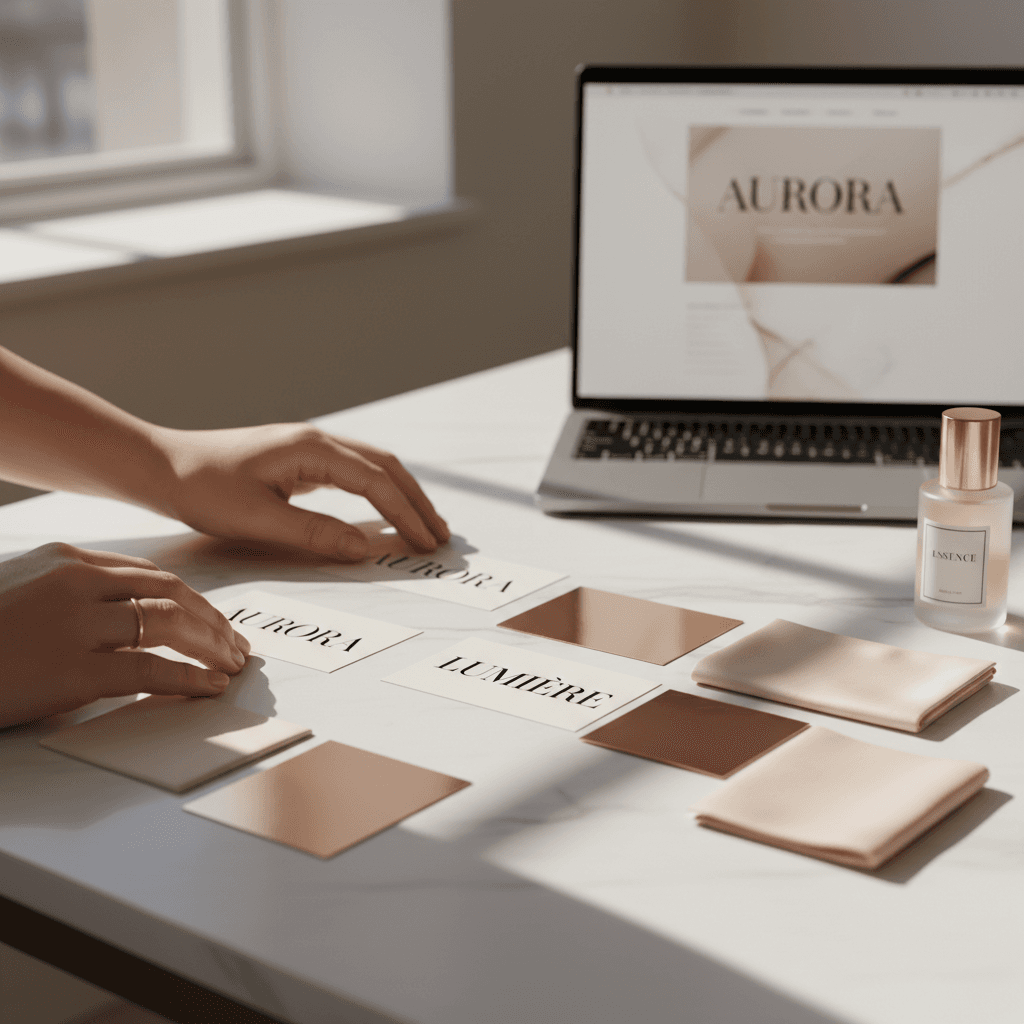 Photorealistic designer studio desk in ivory, charcoal, and champagne gold, accurately constructed large monitor showing abstract color palettes and geometric layout blocks with no letters, printed brand boards with solid swatches, stacked presentation mockups, and a physically correct keyboard beside a closed laptop; no hands, no distorted devices, no text in the image, premium commercial photography.