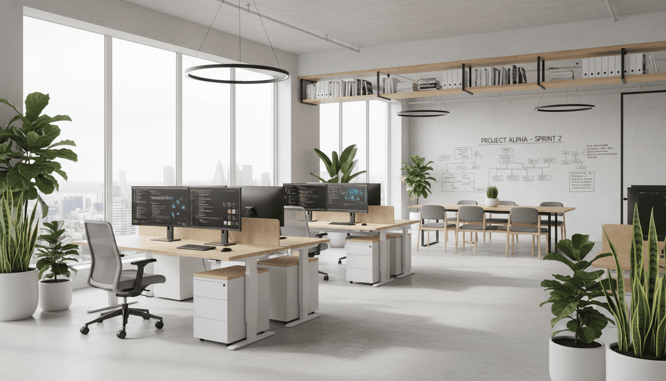 Photorealistic operations planning wall in a modern office, large whiteboard with simple geometric process arrows and unlabeled boxes, a correctly constructed laptop on a standing desk showing an abstract flowchart of connected nodes without text, navy, ivory, and champagne gold materials, organized workspace, no people, no distorted technology, premium commercial photography.